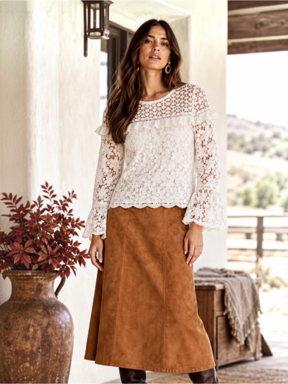 White Floral Coquette Lace Bell Sleeve Ruffle Top Romantic Cottagecore M